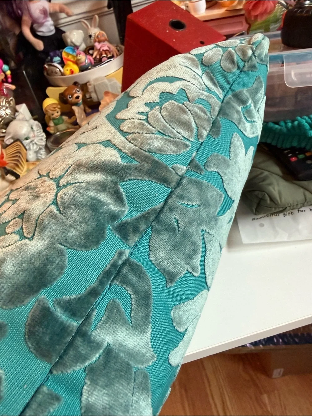 Vintage Pier 1 Imports Teal Velvet Damask Lumbar Pillow